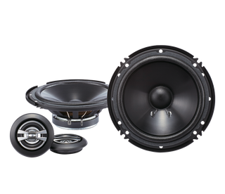 A pair of Alpine SPJ-161CS 6" Component 2-Way Speakers, showing the front view with a black cone and a black frame, and the back view with a visible speaker wire connection point.