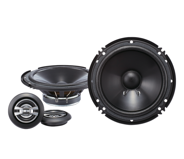 A pair of Alpine SPJ-161CS 6" Component 2-Way Speakers, showing the front view with a black cone and a black frame, and the back view with a visible speaker wire connection point.