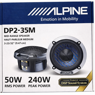 Alpine DP2-35M mid-range speaker packaging with product details.