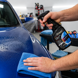 Applying Formula 1 blue ceramic spray wax to blue car panel with microfiber cloth