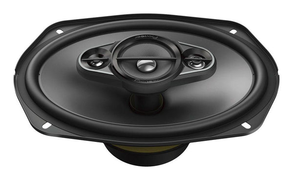 Black Pioneer TS-A942FH surround sound speaker with a full-covered grille.